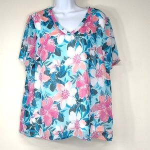 Women's Denim & Co. Large blue & pink Floral print Short Sleeved Blouse